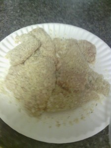 Plate of breaded chicken ready for fryer!