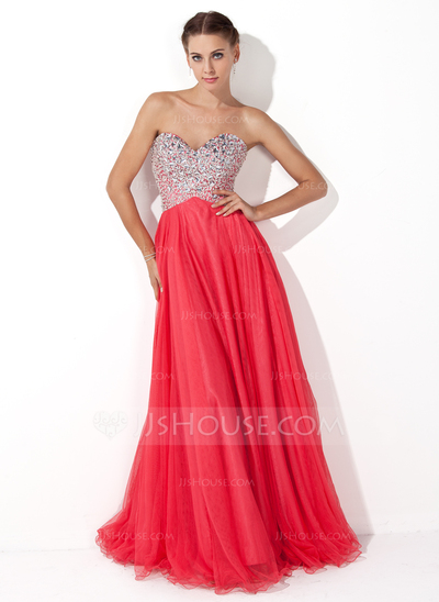 A-Line/Princess Sweetheart Floor-Length Tulle Charmeuse Prom Dress With Beading