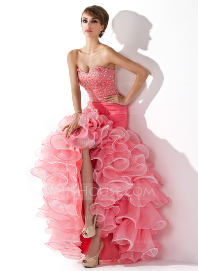 Trumpet/Mermaid Sweetheart Asymmetrical Organza Satin Prom Dress With Ruffle Beading Sequins 