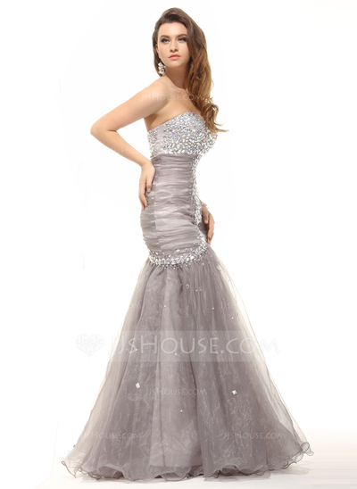 Trumpet/Mermaid Sweetheart Floor-Length Organza Prom Dress With Ruffle Beading 