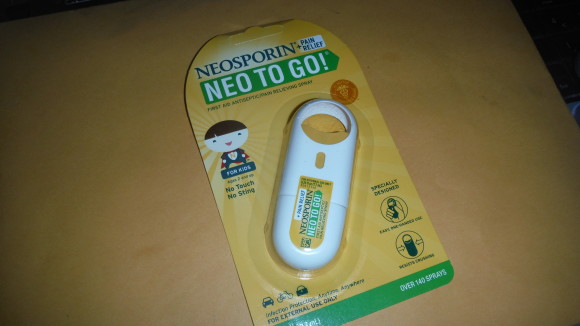 Neosporin Neo To Go is a convenient no touch, no sting spray that fits anywhere to give you infection protection, plus pain relief on the go.  It is specially designed for one handed use and is great for your purse, kitchen, desk, workshop, golf, gym or travel bag. 