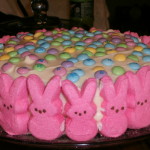 This is a super simple Easter Cake that anyone can make. You can pick your favorite box mix cake. Make two round cakes and ice them with vanilla, buttercream or cream cheese icing. That choice is yours but I'd go with a light color like white, pink, yellow or blue. As you can see I used a white icing, it was plain vanilla. I stuck a couple boxes of peeps around the outside of the cake and then topped with some Easter Pastel M & M's. This was a crowd pleaser, even the peeps who didn't like peeps could simply pull them off. Now you can go all out and make this entire cake from scratch except for the peeps and M & M's, another choice that's yours! Enjoy!